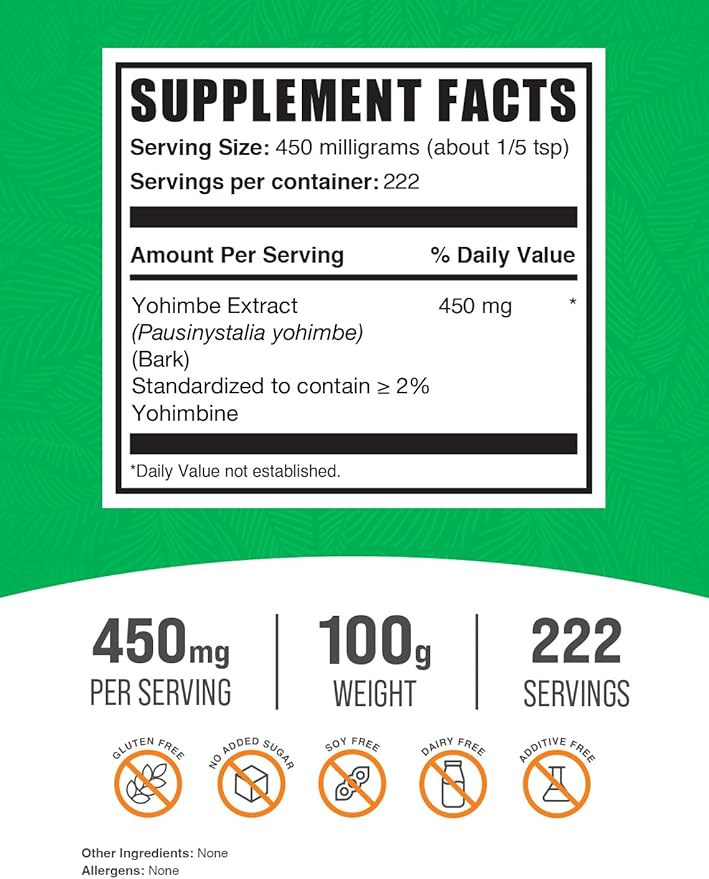 BulkSupplements.com Yohimbe Extract Powder - Yohimbe Bark Extract, Yohimbe Supplements, Yohimbe Bark Powder - Herbal Supplement, Gluten Free, 450mg per Serving, 100g (3.5 oz) (Pack of 1)
