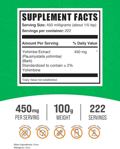 BulkSupplements.com Yohimbe Extract Powder - Yohimbe Bark Extract, Yohimbe Supplements, Yohimbe Bark Powder - Herbal Supplement, Gluten Free, 450mg per Serving, 100g (3.5 oz) (Pack of 1)