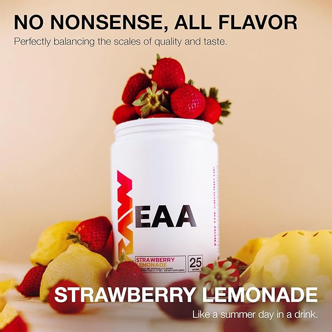 RAW EAA Amino Acids Powder, Strawberry Lemonade (25 Servings) - Pre Workout Amino Energy Powder for Strength, Endurance, Recovery & Lean Muscle Growth - BCAA Amino Acids Supplement for Men & Women