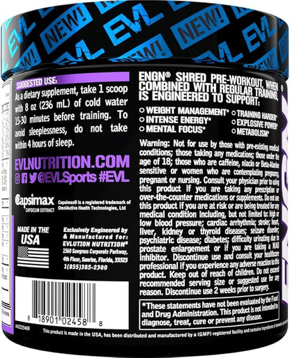 EVL Ultimate Pre Workout Powder - Thermogenic Fat Burn Support Preworkout Powder Drink for Lasting Energy Focus and Stamina - ENGN Shred Intense Creatine Free Preworkout Drink Mix - Grape