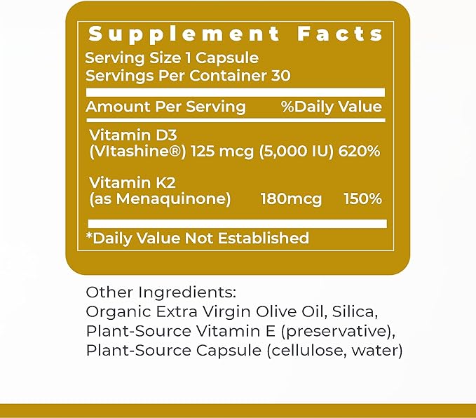 Premier Research Labs: Vitamin D3 + K2 Supplements | for Bone Support and Promotes Heart Health, Gluten-Free - 5000 IU Vegan Supplements - Tested Quality | 30 Plant-Source Based Capsules