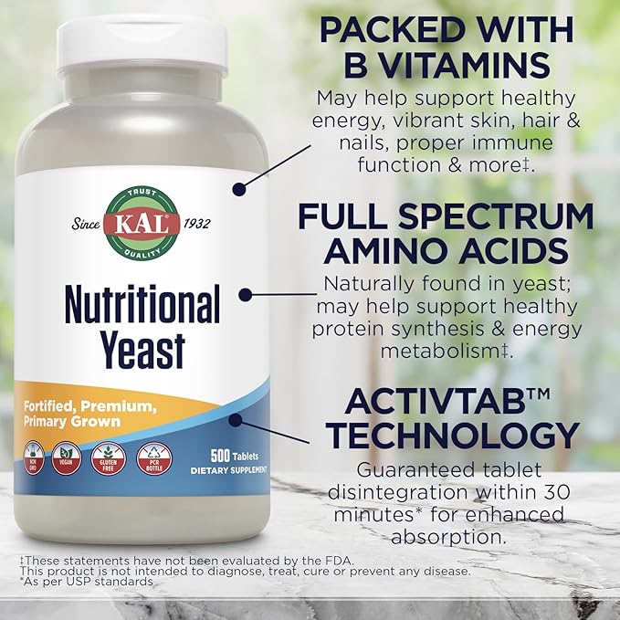 KAL Nutritional Yeast Supplement, Fortified w/ B12, Biotin, Folic Acid, Other B Vitamins, Naturally Occurring Amino Acids, Healthy Hair, Skin & Energy Support, Vegan, Gluten Free, 83 Serv, 500 Tablets