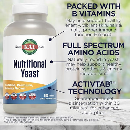 KAL Nutritional Yeast Supplement, Fortified w/ B12, Biotin, Folic Acid, Other B Vitamins, Naturally Occurring Amino Acids, Healthy Hair, Skin & Energy Support, Vegan, Gluten Free, 83 Serv, 500 Tablets