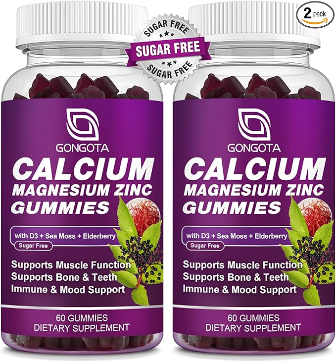 Calcium Magnesium Zinc with Vitamin D3 Supplement, Highly Absorbent Calcium Gummies with 300mg Magnesium glycinate Support Bone & Teeth, Muscle for Adults and Teens,Sugar Free, Vegan (2 Pack)