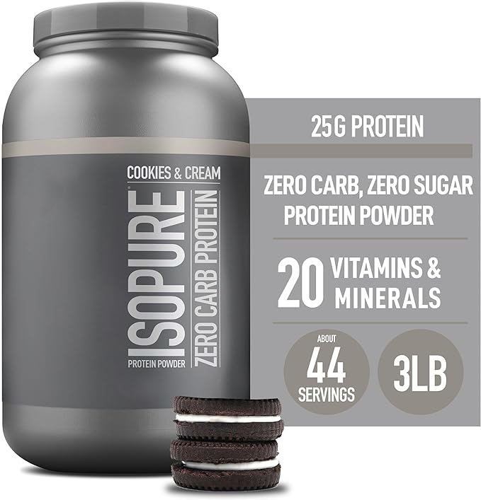 Isopure Protein Powder, Zero Carb Whey Isolate with Vitamin C & Zinc for Immune Support, 25g Protein, Keto Friendly, Cookies & Cream, 44 Servings, 3 Pounds (Packaging May Vary)