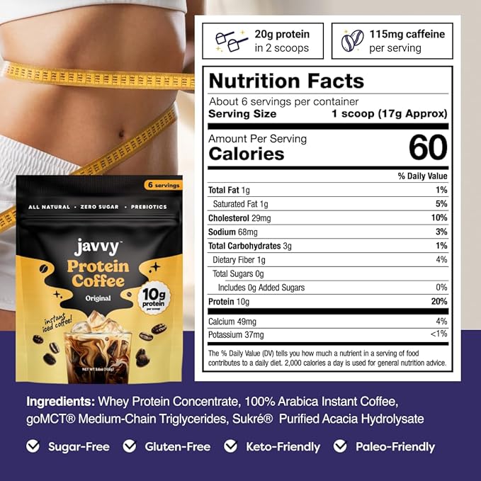 Javy Original Protein Coffee - Premium Whey Protein & Instant Iced Coffee - 100% Arabica Coffee - Zero Artificial Flavors & Sweeteners, 6 Servings