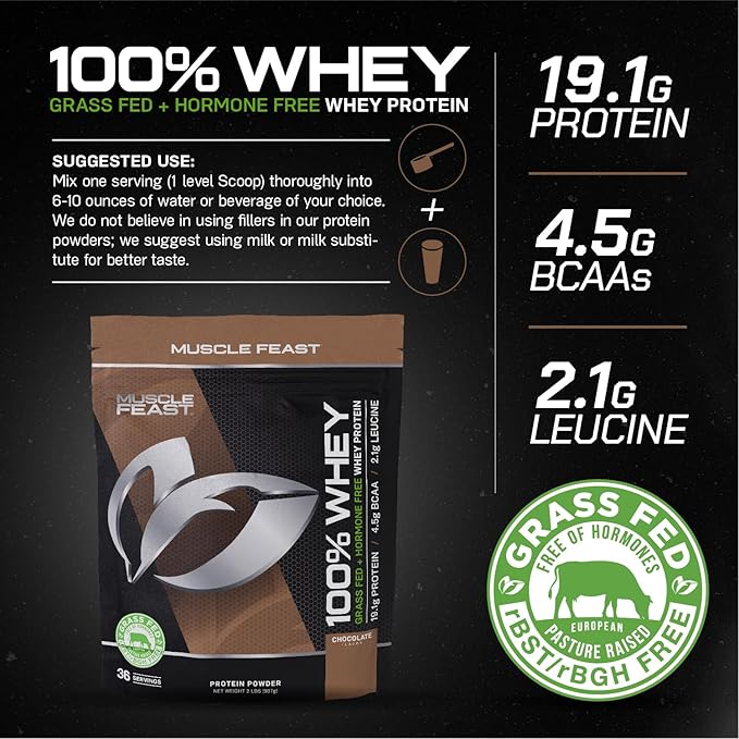Muscle Feast 100% Grass-Fed Whey Protein, Pastured Raised Hormone Free All Natural, Chocolate, 2lb