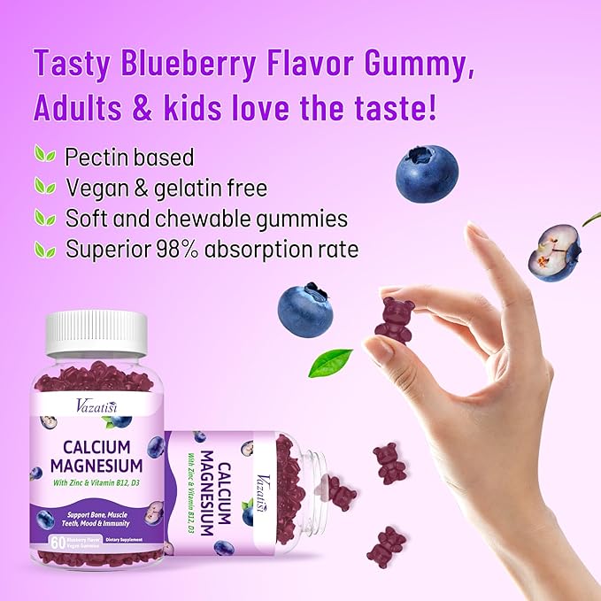 Calcium Magnesium Zinc Gummies with Vitamin D3 and B12, Immune Support Calcium Supplements for Women Men, 60 Vegan Blueberry Flavor Gummies