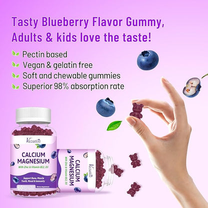 Calcium Magnesium Zinc Gummies with Vitamin D3 and B12, Immune Support Calcium Supplements for Women Men, 60 Vegan Blueberry Flavor Gummies