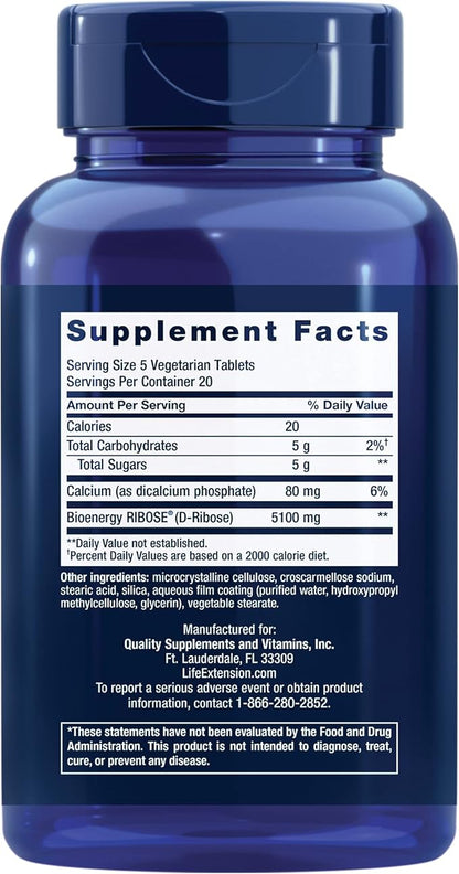 Life Extension D-Ribose Tablets, Plus Calcium, Helps Maintain Healthy Energy Levels in Heart and Muscle, Encourages The Production of ATP, Gluten-Free, Non-GMO, Vegan, 100 Vegetarian Tablets