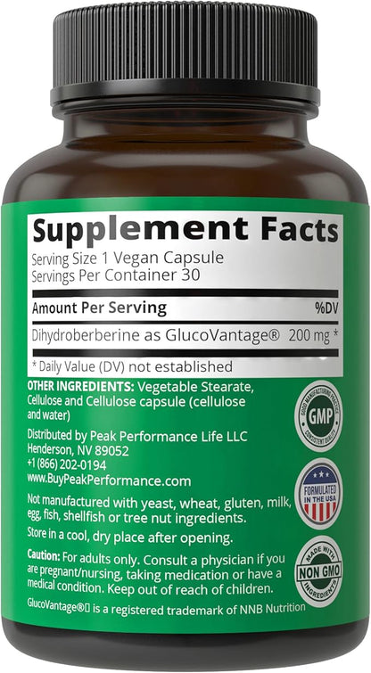 Dihydroberberine Super Berberine Supplement - GlucoVantage® 200mg Now 5X More Effective Than Regular Berberine HCL Powder Capsules. Metabolism Support Keto Friendly Plus Vegan Berberine Extract Pills