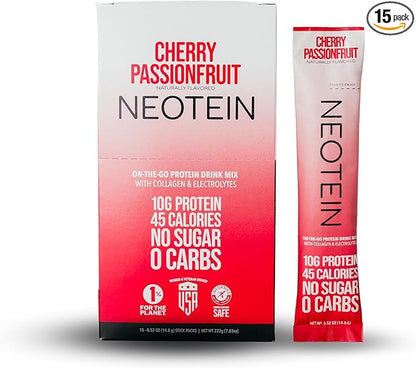 Electrolyte Powder Packets with 10g Protein & Collagen | Hydration Packets - Zero Sugar, NO Fillers, NO Carbs | Cherry Passionfruit | 45 Calories | Keto & Paleo | Pack of 15