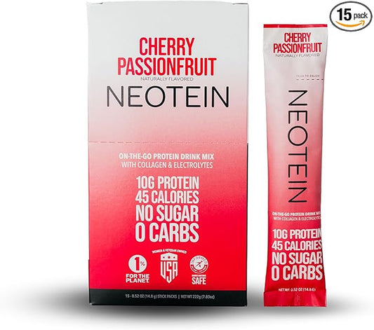 Electrolyte Powder Packets with 10g Protein & Collagen | Hydration Packets - Zero Sugar, NO Fillers, NO Carbs | Cherry Passionfruit | 45 Calories | Keto & Paleo | Pack of 15