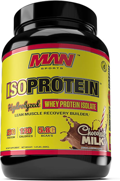 Man Sports ISO-Protein Hydrolyzed 100% Pure Whey Protein Isolate Powder, Chocolate Milk, 1.47 Pounds (20 Days Supply)