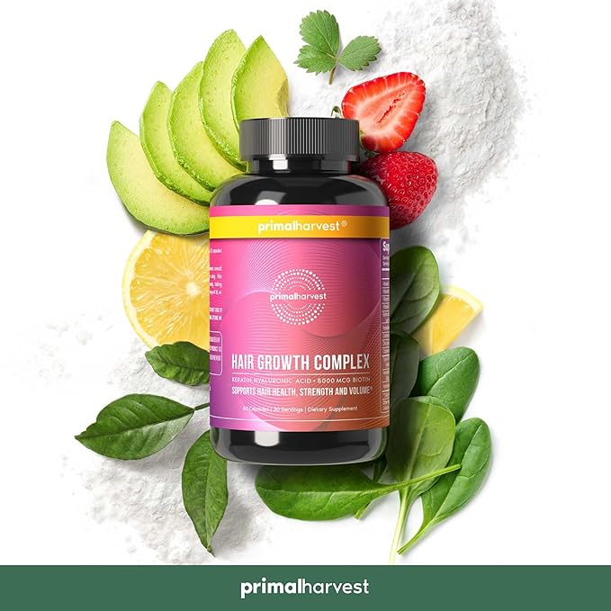 Primal Harvest Primal Hair Complex 1 Pack, Regrowth Hair Supplement for Women & Men, Natural Hair Vitamins w/Thickening Products Biotin & Zinc (60 Capsules)