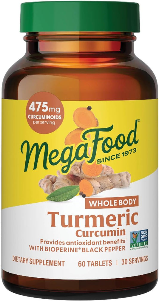 MegaFood Turmeric Curcumin Extra Strength - Whole Body - Turmeric Curcumin with Black Pepper- 475mg Curcuminoids - Holy Basil, Tart Cherry - Made Without 9 Food Allergens - 60 Tabs (30 Servings)