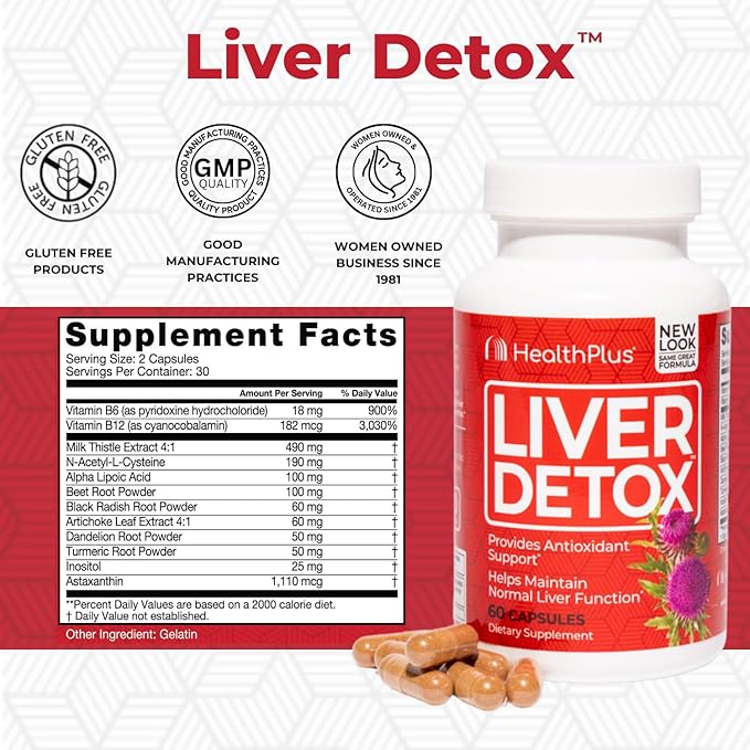 Health Plus, Liver Detox, Natural Herbal Liver Support & Detox Supplement with Milk Thistle, Dandelion and Turmeric Root, 60 capsules