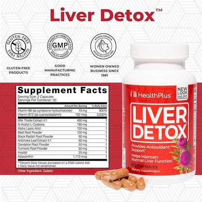 Health Plus, Liver Detox, Natural Herbal Liver Support & Detox Supplement with Milk Thistle, Dandelion and Turmeric Root, 60 capsules