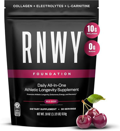 RNWY Wild Cherry Foundation Collagen Powder, Daily Joint Support with Electrolytes and Multivitamin, 10g Collagen Peptides, Sugar Free, 30 Servings