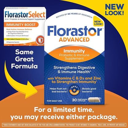 Florastor Select Immunity Boost Daily Probiotic & Immune Support Supplement for Women and Men, Saccharomyces Boulardii CNCM I-745 Plus Zinc, Vitamin C & D3 (30 Capsules)