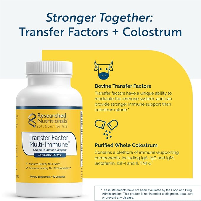 Researched Nutritionals Transfer Factor Multi-Immune Colostrum Supplement - Mushroom-Free Immune Support with Zinc, Beta Glucan, and Green Tea - Backed by Clinical Research (90 Capsules)