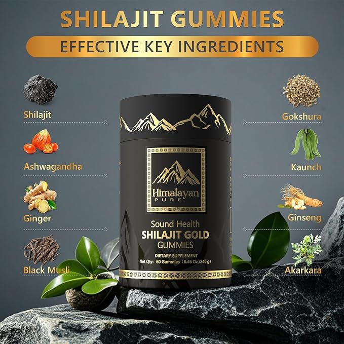 Pure Himalayan Shilajit Gummies Gold I Lab Tested I No Added Sugar I Ashwagandha, Gokshura| Fulvic Acid & 85+ Trace Minerals I for Men, Women I Non-GMO I 100% Natural & Organic I 60 Gummy