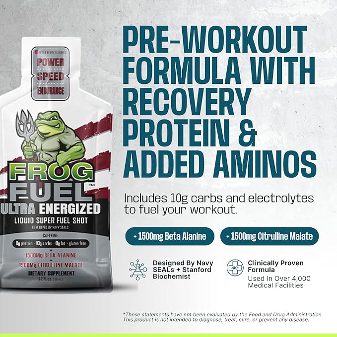 Frog Fuel Ultra Energized Pre Workout Shot & Energy Gel, 80mg Caffeine, 1500mg Beta Alanine, Electrolytes 8g Protein Nano-Hydrolyzed Grass Fed Collagen, 10g Carbs, Berry, 1.2 oz Packets, 24 Pack
