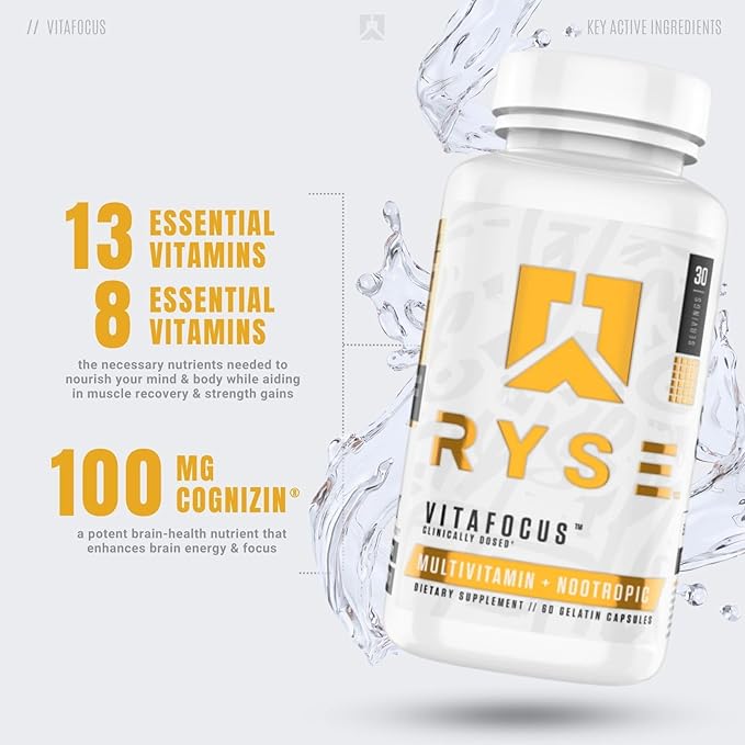 RYSE Core Series VitaFocus | Multivitamin + Nootropic | Total Brain & Body Support | with 13 Essential Vitamins & 8 Essential Minerals | 60 Capsules
