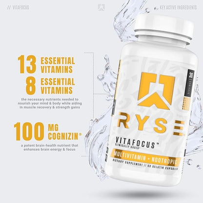 RYSE Core Series VitaFocus | Multivitamin + Nootropic | Total Brain & Body Support | with 13 Essential Vitamins & 8 Essential Minerals | 60 Capsules