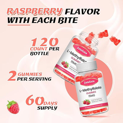 2 Pack L-Methylfolate 15mg Gummies, Methylated Multivitamin with Methylated B12, Active 5-MTHF Form, Supports MTHFR Mutation, Methylation, Mood & Cognition, Vegan, Raspberry Flavor, 120 Cts