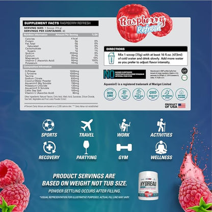 EHP Labs Hydreau Electrolytes Powder No Sugar - Hydration Powder for Endurance & Energy - Electrolyte Powder for Men & Women - Sugar Free Electrolytes - Raspberry Refresh (40 Serves)