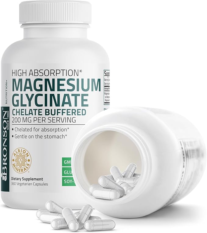 Bronson Magnesium Glycinate 200 MG per Serving Chelated for High Absorption, Gentle On Stomach, Non-GMO, 360 Vegetarian Capsules