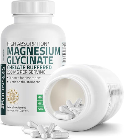 Bronson Magnesium Glycinate 200 MG per Serving Chelated for High Absorption, Gentle On Stomach, Non-GMO, 360 Vegetarian Capsules