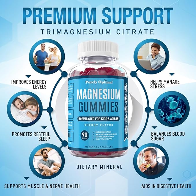 Purely Optimal Premium Magnesium Citrate Gummies for Adults & Kids - Supports Relaxation, Muscle & Nerve Function - Chewable, Non-GMO, Vegan, Gluten-Free - 90 Delicious Gummies