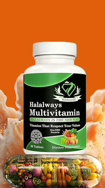 Halalways Multivitamin Certified Halal Multivitamin, Supplement Tablet with Vitamin A, Vitamin C, Vitamin D, Vitamin E and Zinc for Immune Health Support, B12, Calcium & More