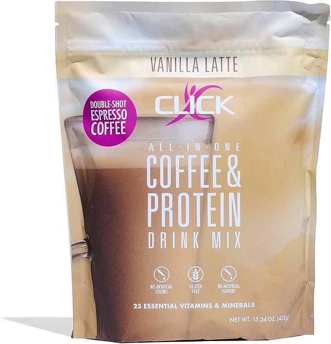 Click Coffee Protein Powder | Double Shot Espresso | 16g Protein | 23 Essential Vitamins | Low Calorie Meal Replacement | 150mg Caffeine | Gluten Free | No Artificial Flavors or Colors | Vanilla