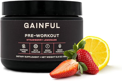 Gainful Pre Workout Powder, Caffeine Free with Creatine, L Citrulline, Beta Alanine, BCAA's, Energy & Muscle Support, Strawberry Lemonade, 14 Servings