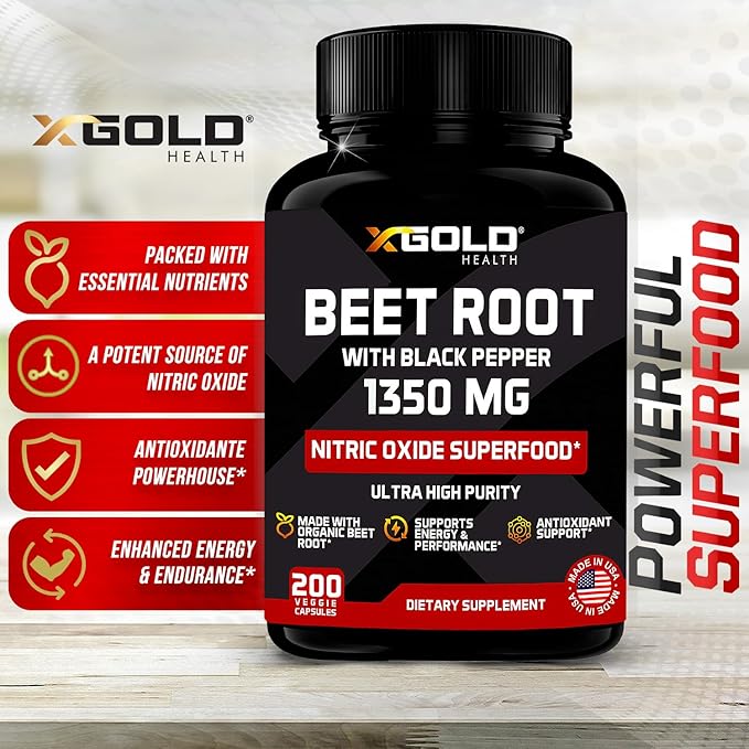 Organic Beet Root Powder 1350mg 200 Veggie caps Superfood Nitric Oxide Strongest Premium Supplement Natural Nitrates | Black Pepper for Best Benefits | Vegan, Non-GMO, & Gluten-Free | Made in USA