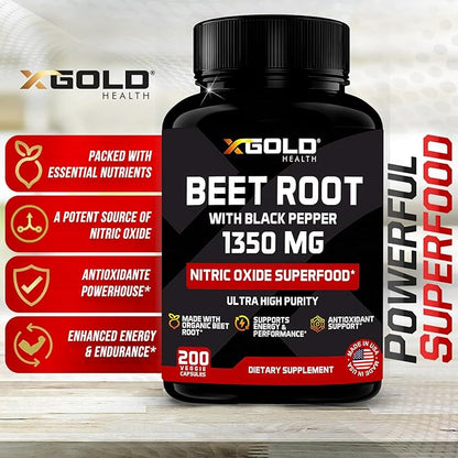 Organic Beet Root Powder 1350mg 200 Veggie caps Superfood Nitric Oxide Strongest Premium Supplement Natural Nitrates | Black Pepper for Best Benefits | Vegan, Non-GMO, & Gluten-Free | Made in USA