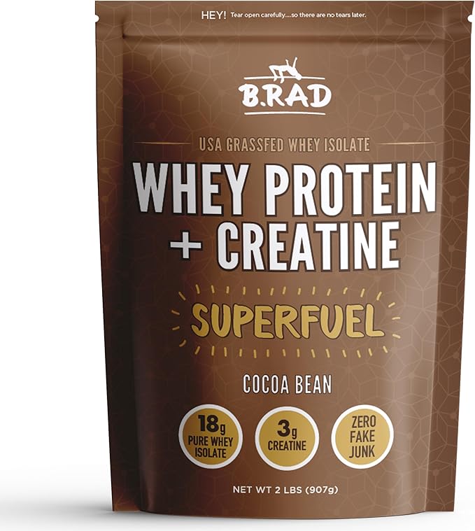 B.rad Grass-Fed Whey Protein Isolate Powder with Creatine | All-Natural, Ultra-Pure, Clean Ingredients | 100% USA-Sourced Superfuel | 2 Pounds | Cocoa Bean (Chocolate)