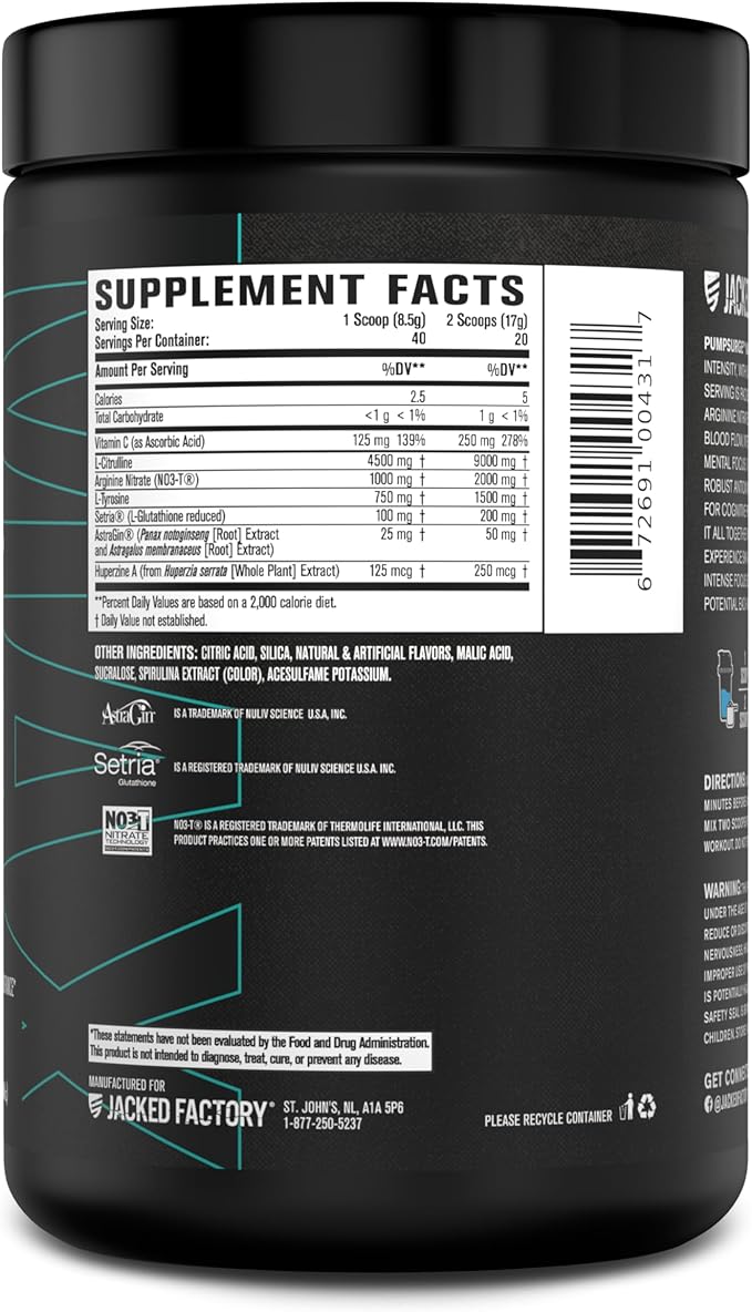 Jacked Factory Pumpsurge Max Stim Free Pre Workout - High-Performance Caffeine Free Pre Workout with L-Citrulline, N03-T Arginine Nitrate & Glutathione - 40 Servings, Blue Raspberry