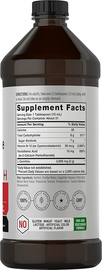 Horbäach L-Carnitine Liquid 16 oz | 3000 mg | Berry Flavor | Vegetarian Formula | Non-GMO, Gluten Free Supplement