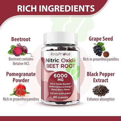 Nitric Oxide Beet Root Gummies 6000MG Supplements, Grapeseed Powder, Pomegranate Powder, Vitamin C and B12 - Beet Chewables Mixed Berry Flavor - 60 Gummies (2 Bottle)