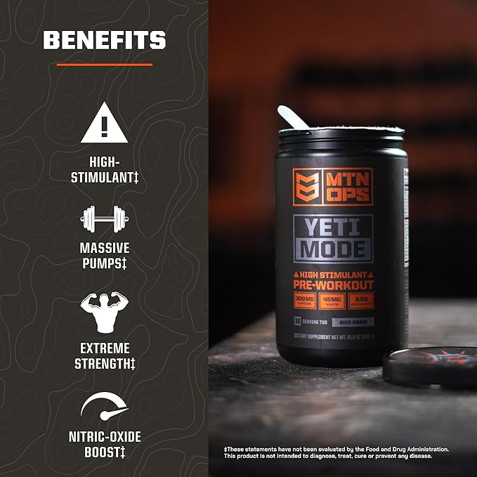 MTN OPS Yeti Mode Pre-Workout Powder - Explosive High-Stimulant with 300mg Caffeine, Creatine Monohydrate, Beta-Alanine, and 45mg Niacin - Sour Smash Flavor in 30 Serving Tub