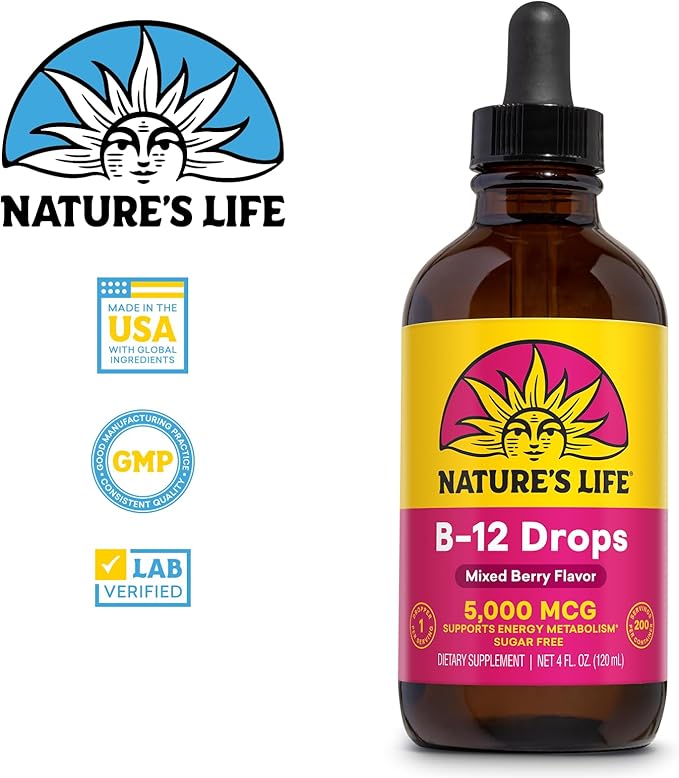 NATURE'S LIFE B12 Drops 5000 mcg - Vitamin B12 Methylcobalamin - Liquid B12 Supplement for Energy Metabolism, Nerve Function and Red Blood Cell Support – Natural Mixed Berry, Sugar Free, 200 Serv, 4oz