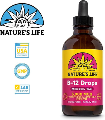 NATURE'S LIFE B12 Drops 5000 mcg - Vitamin B12 Methylcobalamin - Liquid B12 Supplement for Energy Metabolism, Nerve Function and Red Blood Cell Support – Natural Mixed Berry, Sugar Free, 200 Serv, 4oz