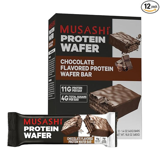 MUSASHI Protein Wafer Bar, 11g Protein, 4g Total Sugars, Chocolate Flavored, Post Workout and Protein Snack On The Go, 12 Pack of 1.4oz (40g) Bars