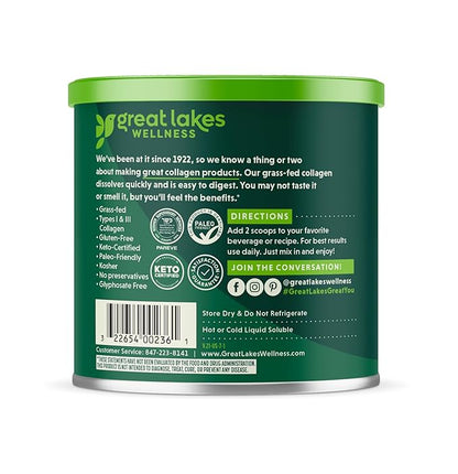 Great Lakes Wellness Collagen Peptides Powder for Skin, Hair, Nails, Joints & Digestion - Unflavored - Quick Dissolve Hydrolyzed, Non-GMO, Keto, Kosher - 7 oz