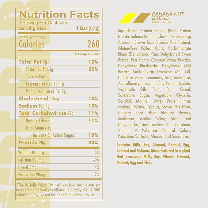 REDCON1 MRE Protein Bar, Banana Nut Bread - Contains MCT Oil + 20g of Whole Food Protein - Easily Digestible, Macro Balanced Low Sugar Meal Replacement Bar (12 Bars)