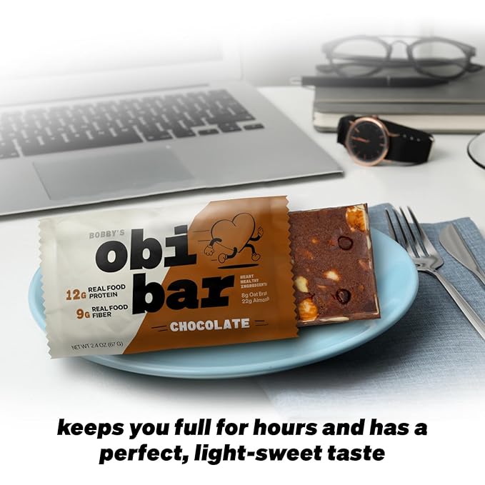 Obi Bar Sampler - Protein and Oat Fiber Bar | All Natural | Meal Bar | Heart and Gut Health | Lightly Sweet | 6 Chocolate and 6 Blueberry | Almond Chunks | Soy Free, Dairy Free | Ideal Meal Replacement Bar